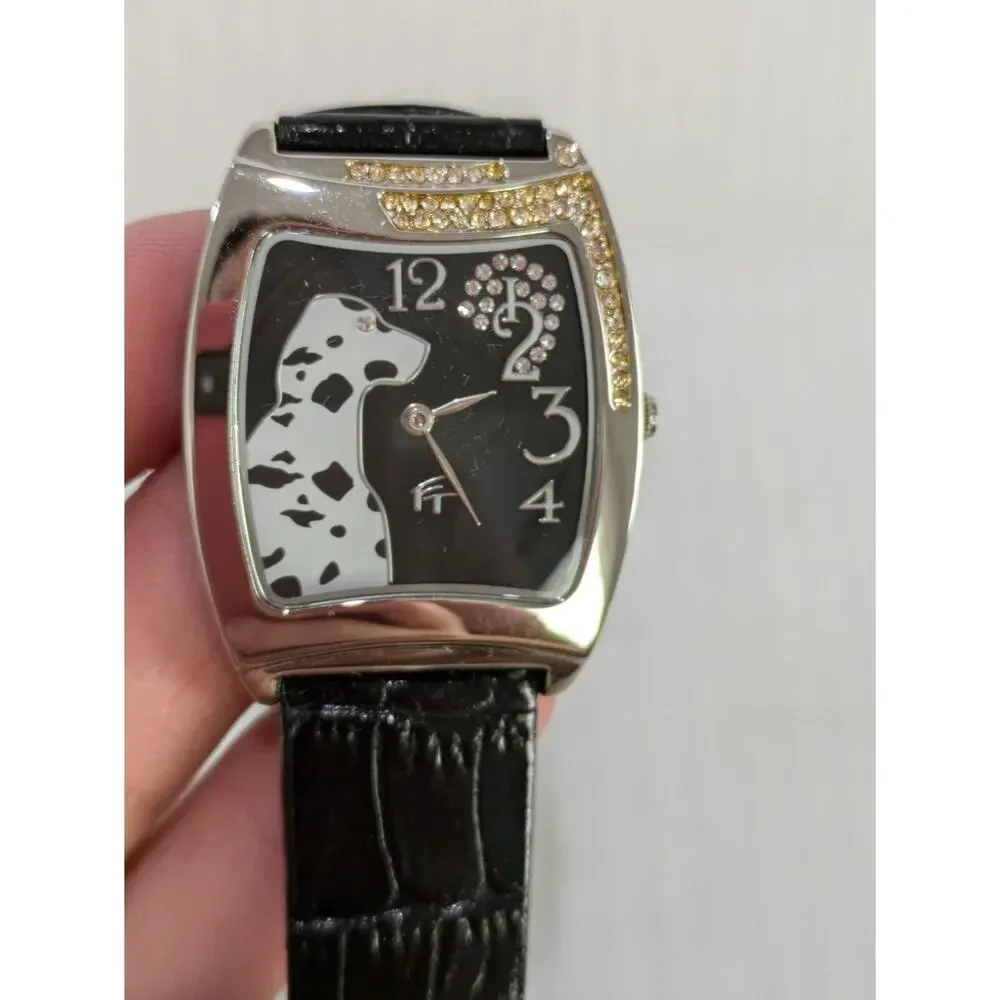 Women Watch Leather Black Dogs‎ Quartz Watch Rectangle Water Resist Genuine NWT